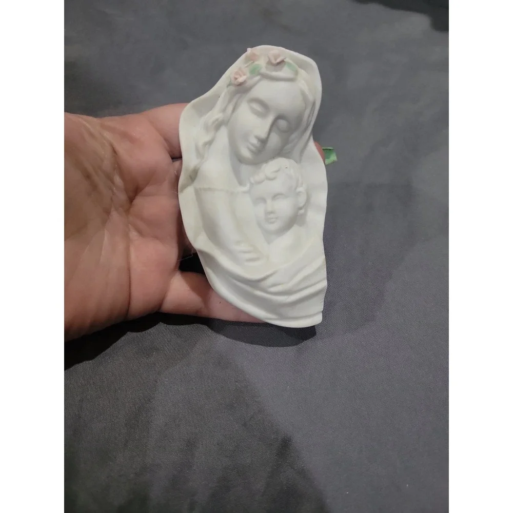 Vintage Porcelain Madonna Mary With Baby Wall Hanging Plaque